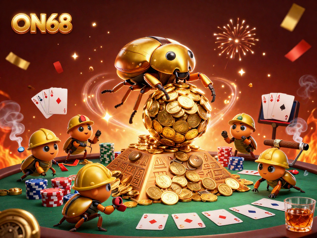 Join the excitement at ON68 with a golden dung beetle scene illustrating wealth and winnings.