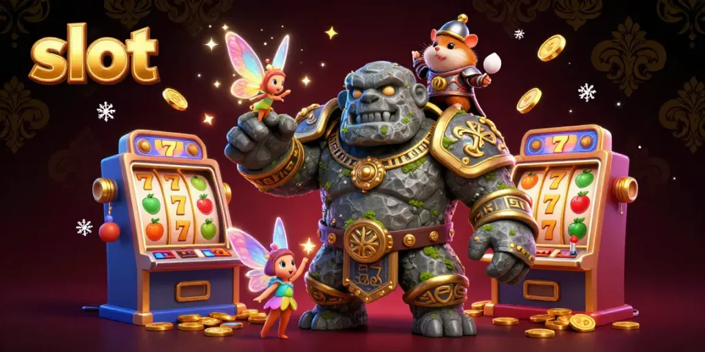 Slot yang menampilkan golem dengan teman peri di kasino, menghidupkan suasana permainan.