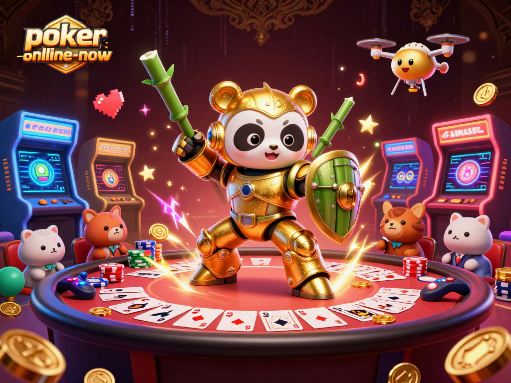 Experience poker-online-now in a vibrant 3D casino scene filled with dynamic gaming elements and characters.