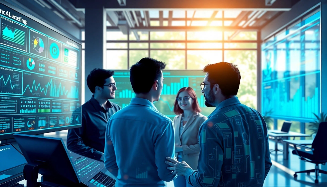 Engaging scene of AeroGenie Agentic AI decision engine enhancing analytics in a collaborative office.