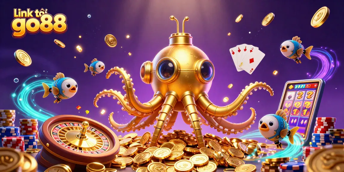 Experience the excitement of link tải go88 with this vivid 3D casino illustration featuring a golden kraken and vibrant gaming elements.
