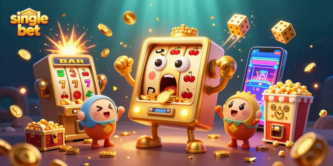 Win big with single bet action depicted in a vibrant casino illustration featuring joyful slot machines.