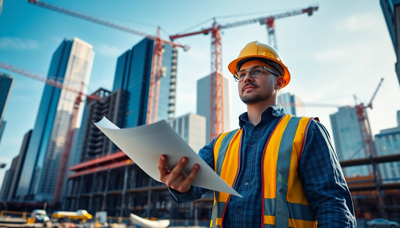New York Commercial General Contractor directing a construction site with city skyline backdrop.
