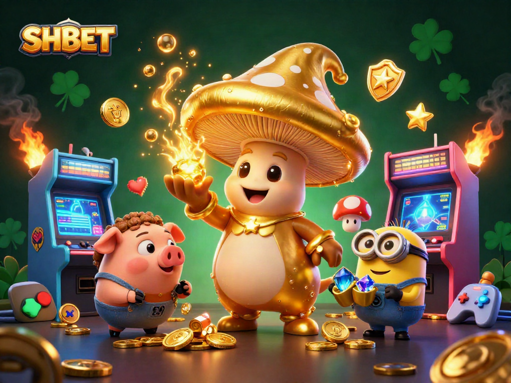 Experience the vibrant world of SHBET's casino gaming with a magical golden mushroom wizard.