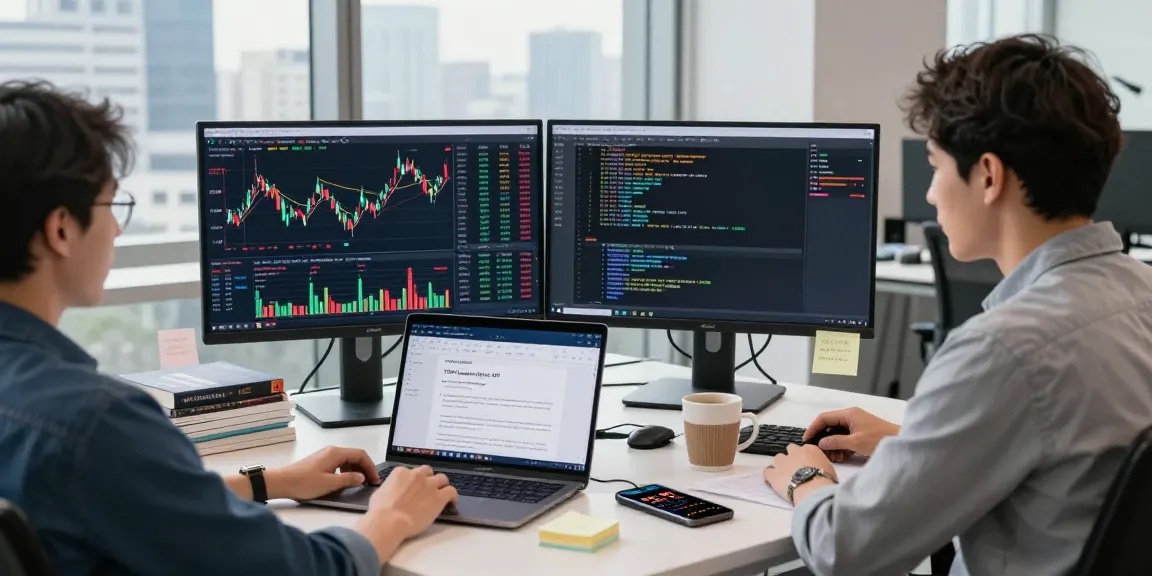 Developers using the TOPIX index quote API for real-time stock market analysis in a modern workspace.