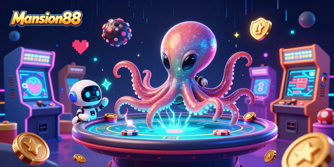 Mansion88 showcases an alien octopus excitedly dealing poker chips at a cosmic casino.