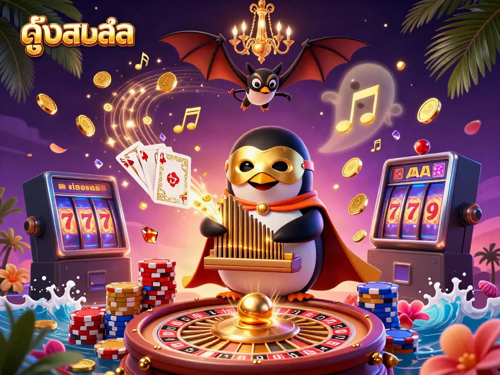 Engage with the vibrant world of ดูบอลสด as a penguin plays the organ amidst golden coins and acrobatic elements.