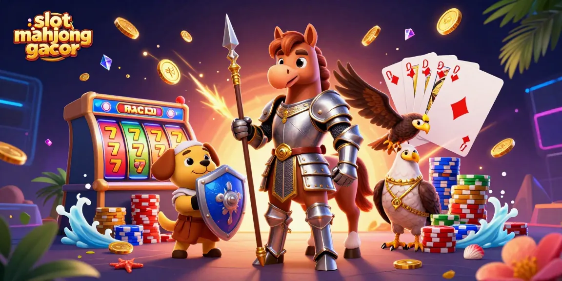 Play exciting slot mahjong gacor with a vibrant illustration featuring knights, coins, and gaming symbols.