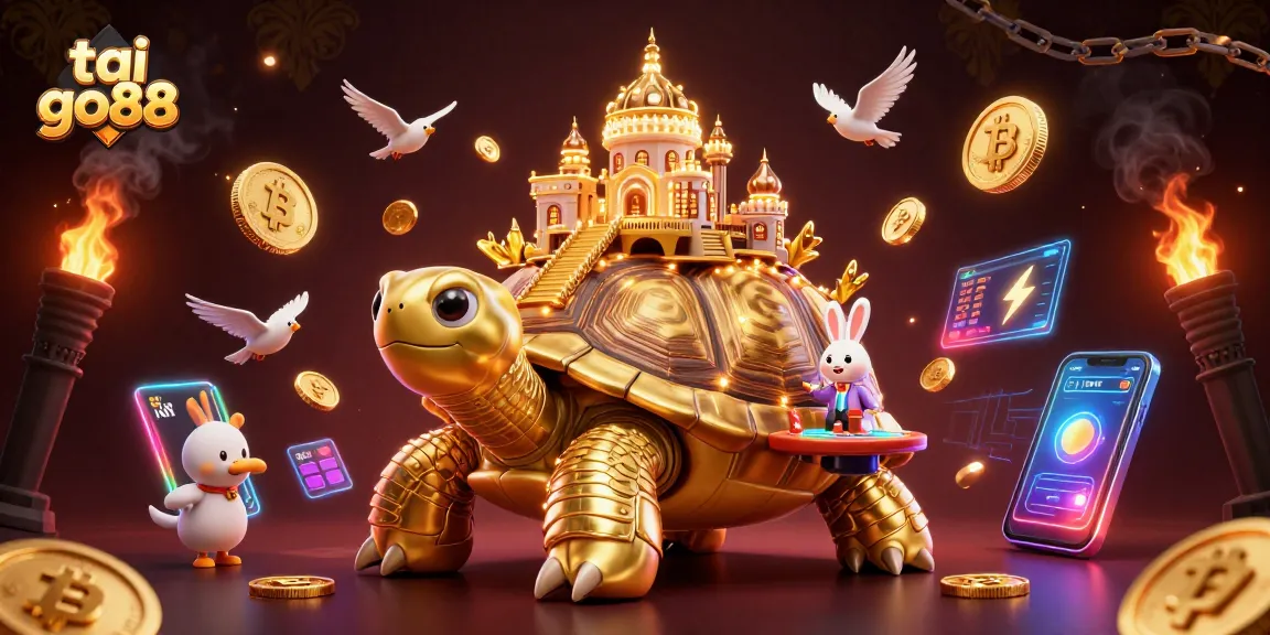 Experience tai go88's immersive casino world with a dynamic tortoise and rabbit dealer scene.