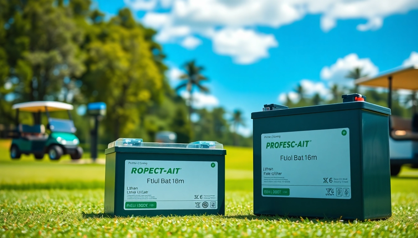 Showcasing lithium golf cart batteries in an outdoor golf course setting with vibrant colors and sleek design.