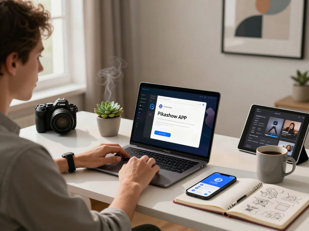 Person downloading Pikashow APK on laptop in a bright home office setting.