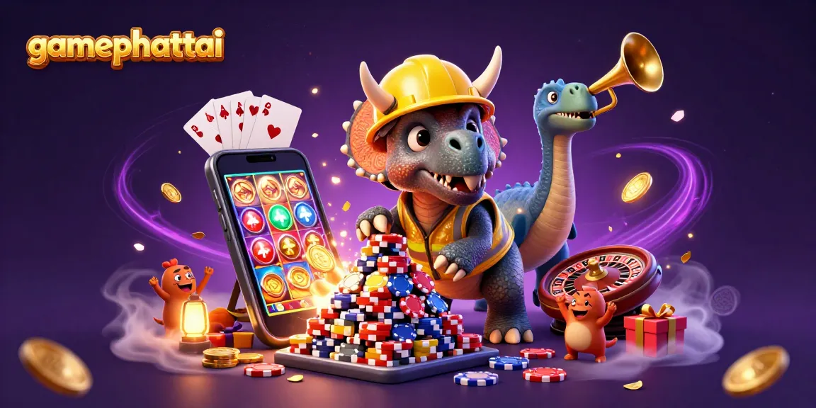 gamephattai features the triceratops building poker chip pyramid amidst a vibrant casino celebration.