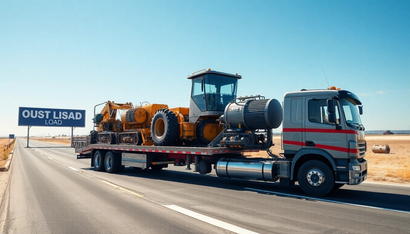 Efficient equipment transportation with heavy machinery on a flatbed truck in motion.