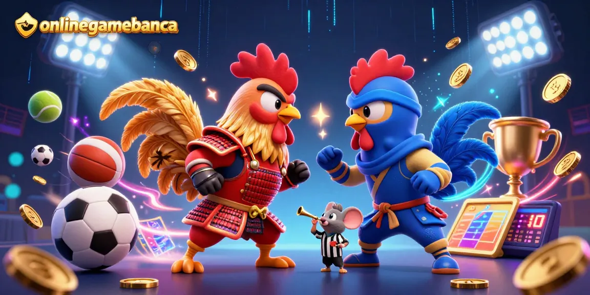Experience intense action with onlinegamebanca featuring two roosters in battle amidst dynamic sports elements.