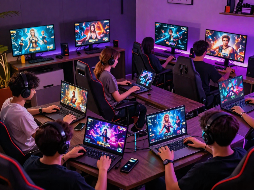 Players enjoying immersive porn games on various devices in a vibrant gaming environment.